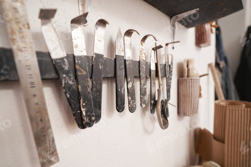 Preview: Wall-mounted toolbar with miscellaneous turning and clay trimming tools