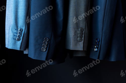 Preview: close-up view of fashionable suit jackets in boutique