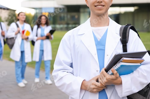 Preview: Medical student in uniform with backpack, laptop and notebooks outdoors, selective focus