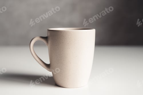 Preview: Office desk table with supplies, coffee cup and flower. Top view