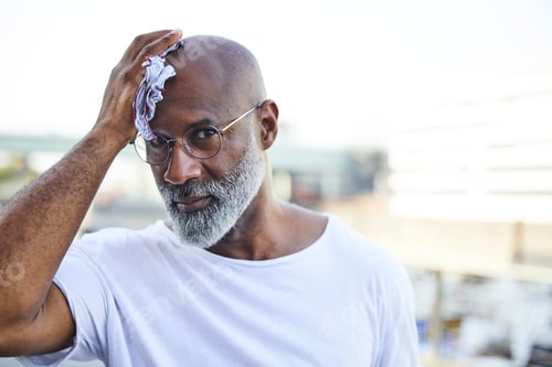 Preview: Portrait of mature man wiping his bald on hot summer day