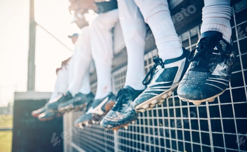 Preview: Baseball feet, team and sport field stadium for fitness, workout and game exercise. Softball shoes,