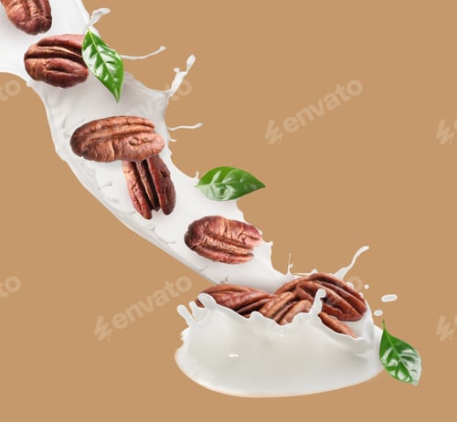 Preview: Nut milk flow with pecans and green leaves on pale brown background