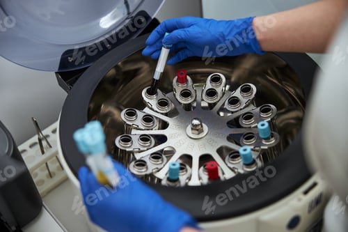 Preview: Lab technician using a centrifuge for a biochemical analysis