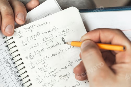 Preview: Math formulas are written in pencil in a notebook holding man in