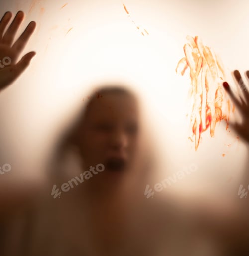 Preview: Shadowy figure, child behind glass with blood - horror background