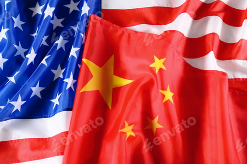 Preview: USA and China flags as background, top view. International relations