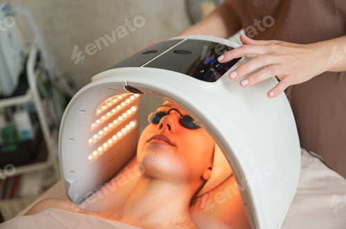 Preview: Beautician using led therapy machine for facial skin care treatment