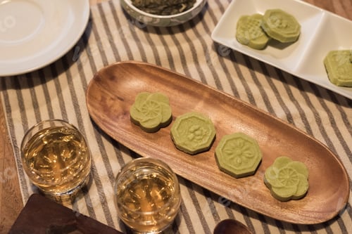 Preview: Green Mooncake On Table At Chinese Mid Autumn Festival