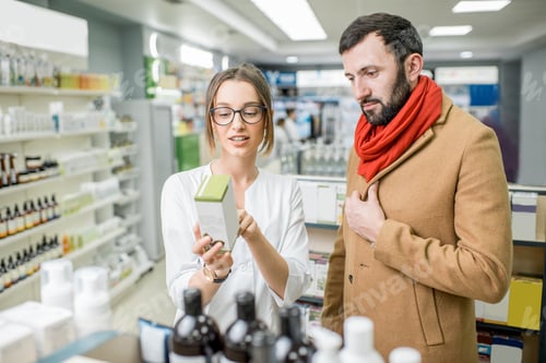 Preview: Pharmacist with client in the pharmacy store