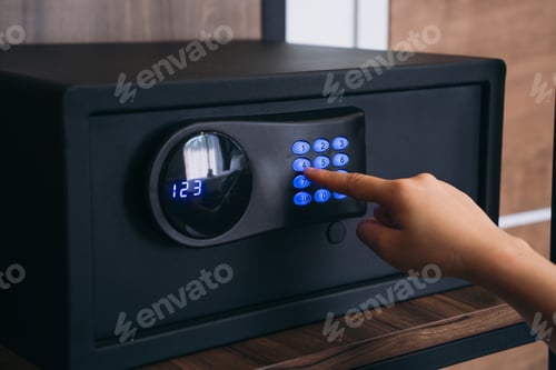 Preview: Close-up of a person hand entering a password to unlock and open the safe box door.