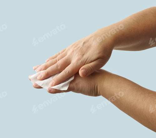 Preview: hands are cleaned with a disinfectant wipe