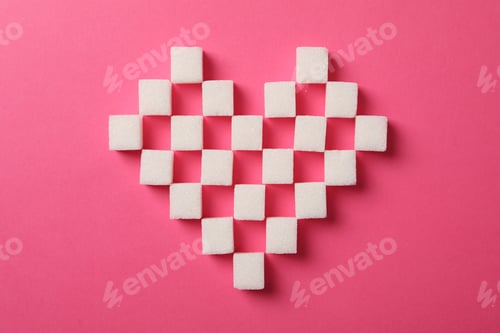 Preview: Heart made of sugar cubes on pink background, top view