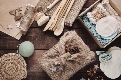 Vista previa: Zero waste christmas gifts . Eco-friendly present. Burlap packaging