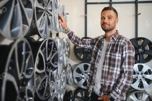 Preview: man chooses new alloy wheels in auto shop