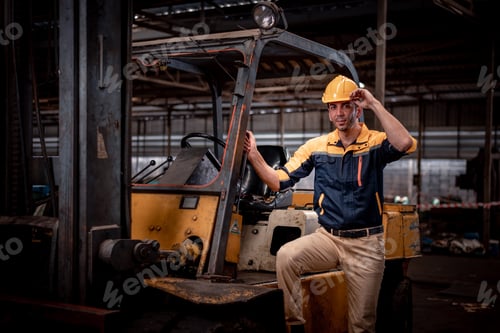 Preview: Worker industry factory wear safety uniform factory drive forklift truck moving goods to industry pr