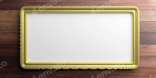 Preview: Golden frame on wooden background. 3d illustration