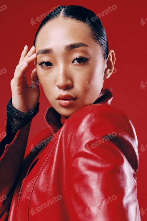 Preview: Fashionable brunette asian woman in a red leather jacket posing with eyes closed against a red