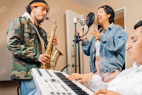 Visualização: Músicos tocando e cantando em um estúdio caseiro