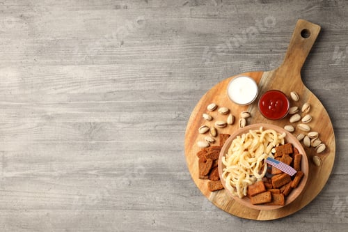 Preview: Concept of Super bowl snacks on gray wooden background