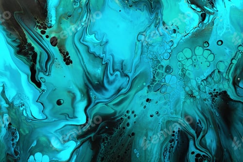 Preview: Fluid Art. Green and blue abstract wave swirls on black background. Marble effect background