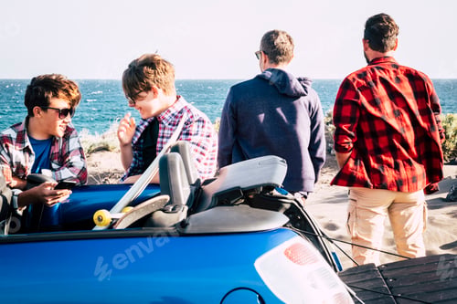Preview: happy friends at the beach prepare to go to surf - couple of teenagers on car