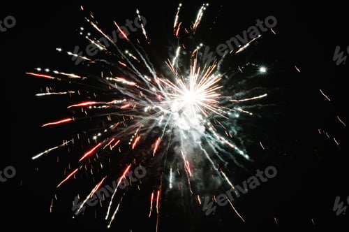Preview: Fireworks in Happy New Year 2024. Holiday festival celebration. Fireworks display on dark sky