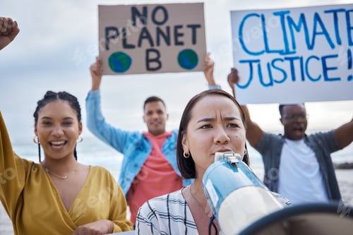 Preview: Megaphone, climate change protest and Asian woman with crowd at beach protesting for environment an