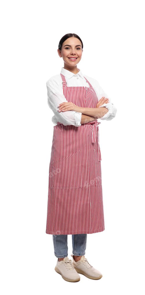 Preview: Young woman in red striped apron on white background