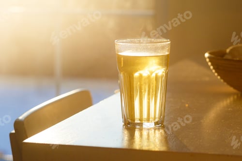 Preview: green tea brewed in a large glass mug on a white table at dawn in the morning