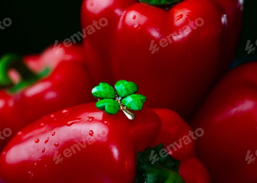 Preview: Closeup of red peppers covered with water droplets with a green clover leaf toy on the top