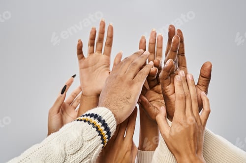 Preview: cropped shot of african american people outstretching hands on grey background, Juneteenth concept