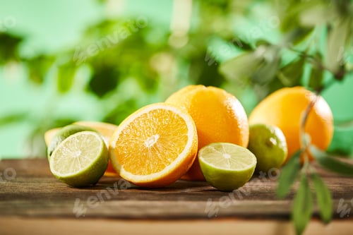 Preview: selective focus of cut, whole oranges and limes on wooden surface
