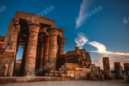 Preview: Minimizing vertical view of the Temple of Kom Ombo in Aswan, Egypt against a blue sky