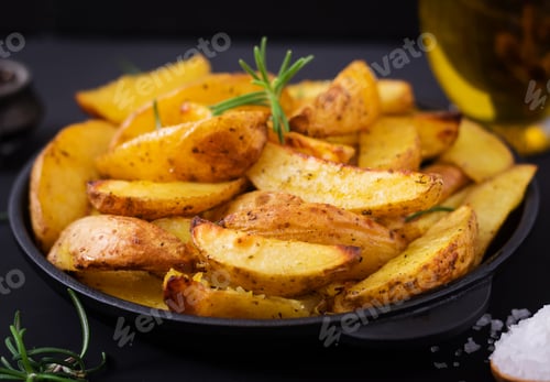 Preview: Ruddy Baked potato wedges with rosemary and garlic on a dark background.