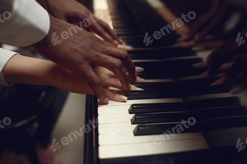 Preview: Black grand piano player hands on the keys