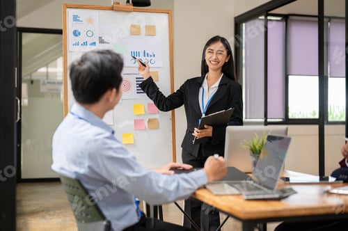 Preview: A confident Asian businesswoman is explaining financial data to her bosses in the meeting.