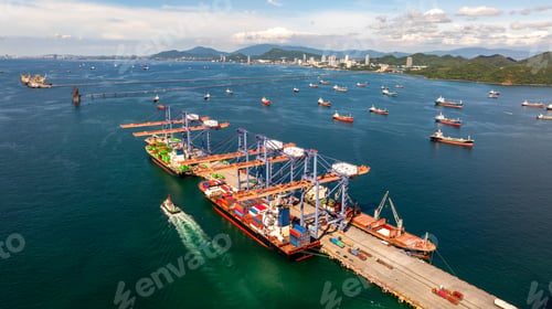 Preview: Aerial view container cargo ship international port terminal with gantry crane, Global business