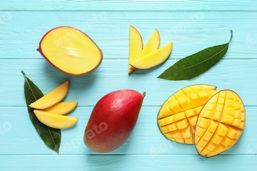 Preview: Flat lay composition with mango on color wooden background