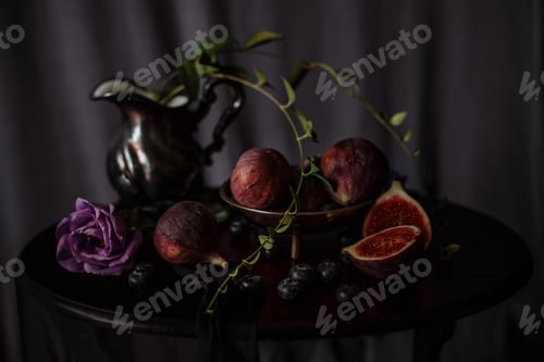 Preview: Low key still life with figs, blueberries and eustoma