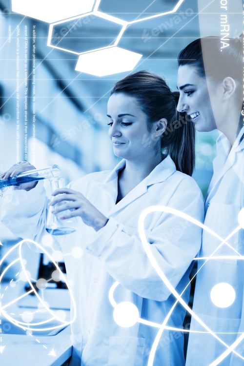Preview: Science Graphic Against Portrait Of Scientists Pouring Liquid In An Erlenmeyer Flask