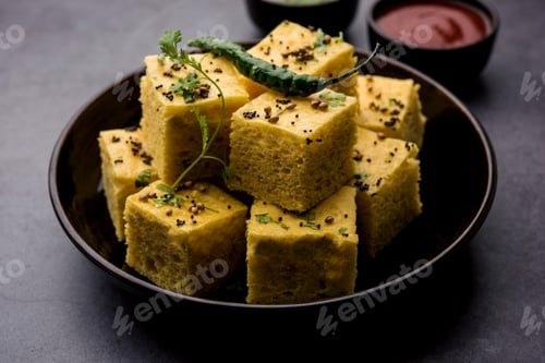Preview: Gujarati Khaman Dhokla or Steamed Gram Flour Puffy Snack Cake