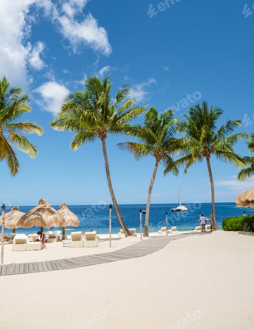 Preview: Sugar beach Saint Lucia ,white tropical beach palm trees and luxury beach chairs St Lucia Caribbean
