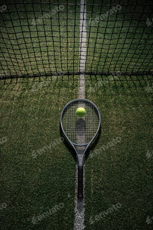 Preview: Tennis racket and ball on the court