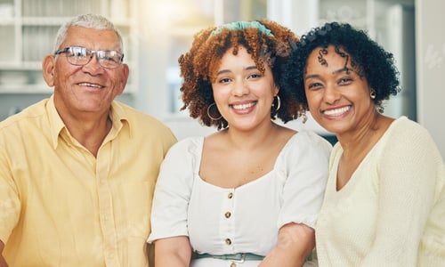 Preview: Portrait, family and grandparents smile in home, having fun and smiling together. Love, care and ha