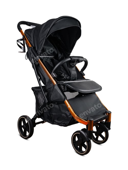 Preview: Modern black and copper baby stroller isolated on white background