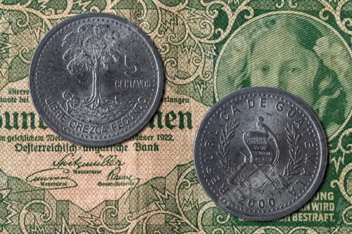 Preview: Guatemala quetzal, five centavos coin obverse and reverse