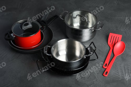 Preview: Set of modern clean kitchenware on color background