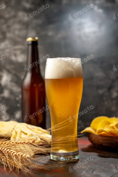 Preview: front view glass of bear with cips bottle and cheese on light background wine photo drink snack