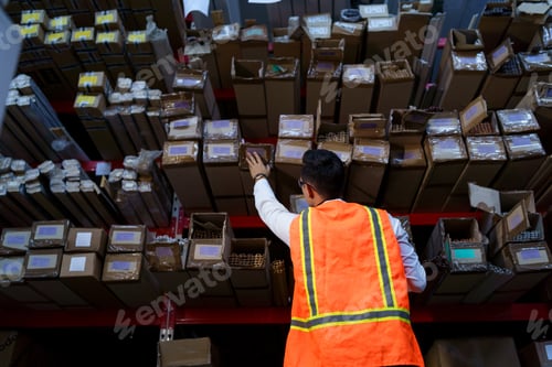 Preview: Warehouse worker looking for the right box on the rack